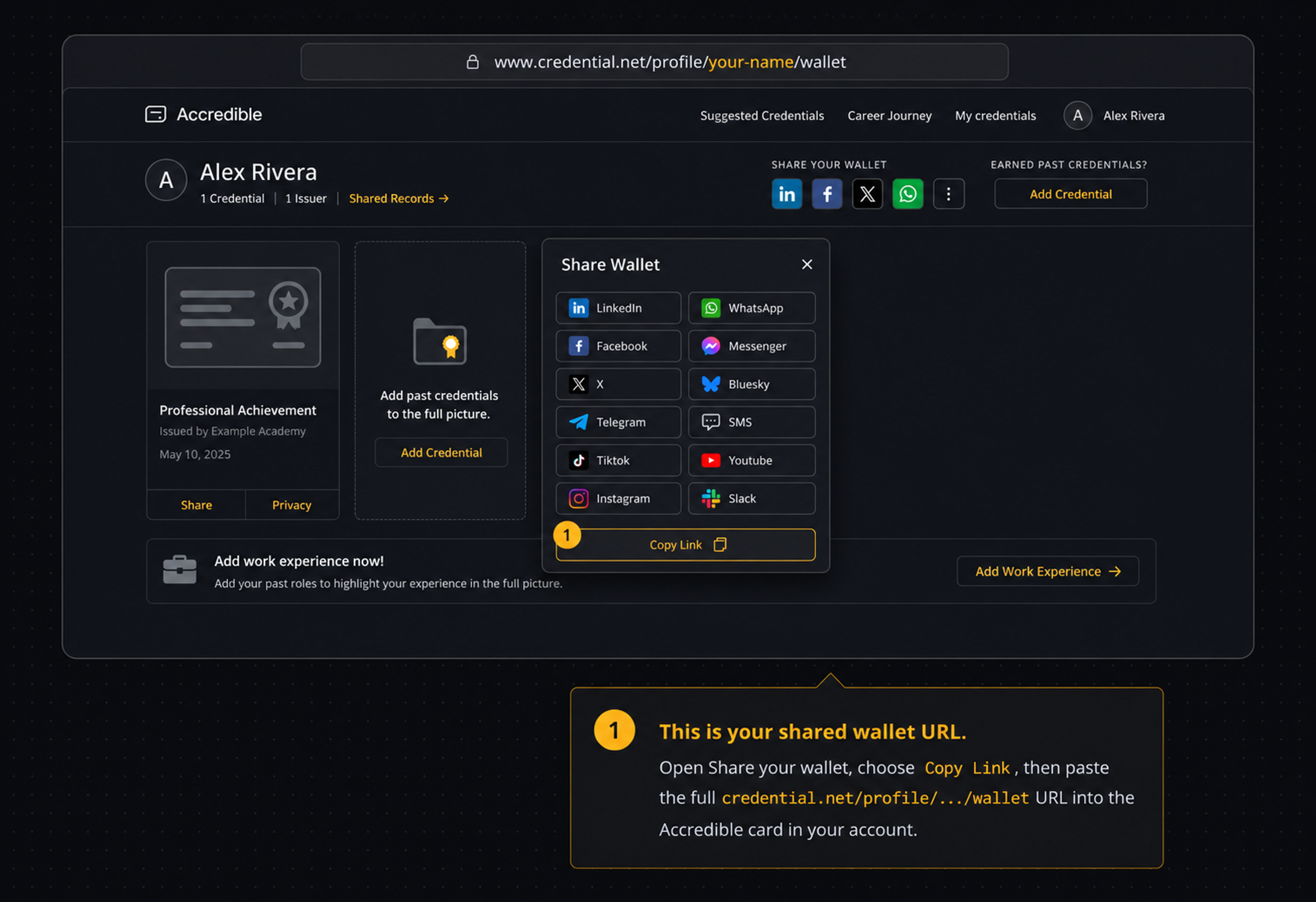 In your Accredible wallet, open Share your wallet and choose Copy Link to copy the full credential.net profile wallet URL.