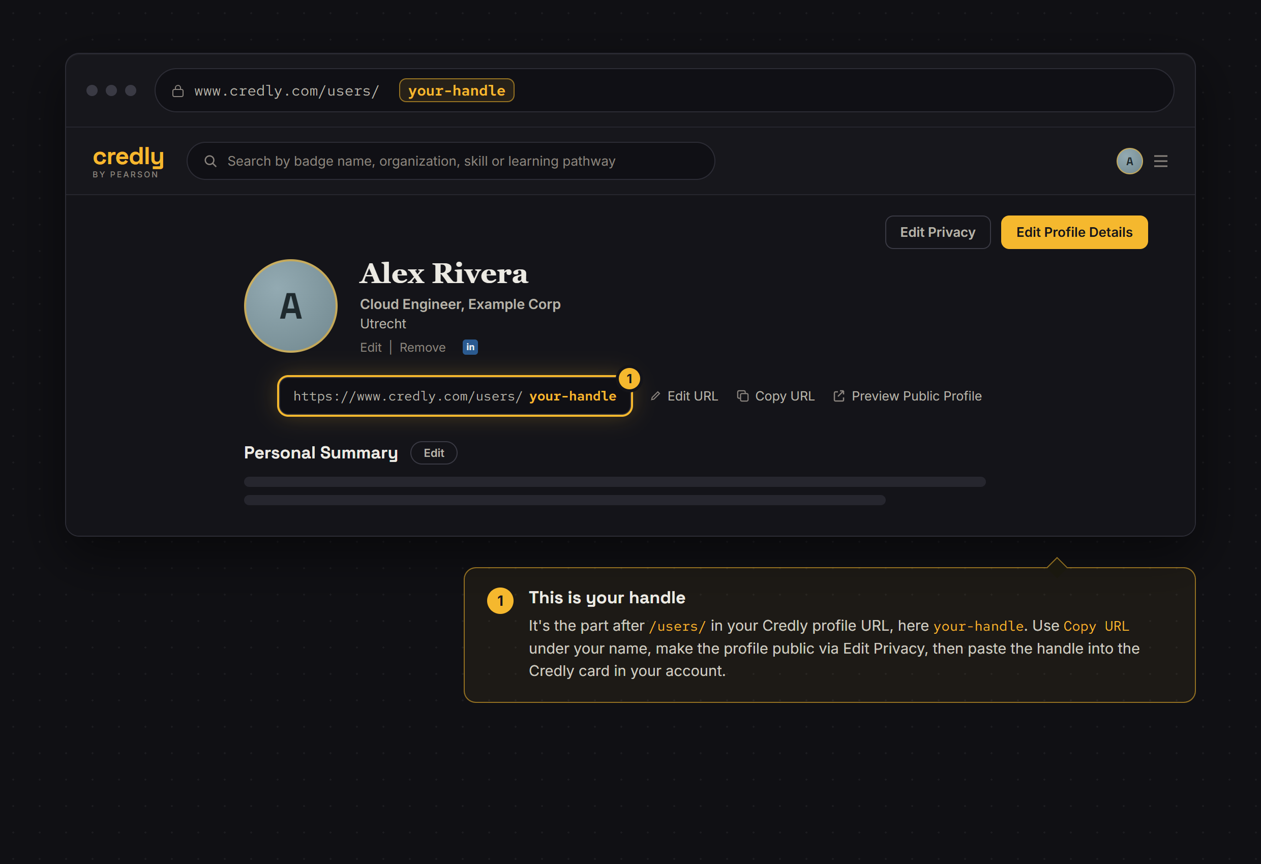 Your Credly handle is the part after /users/ in the profile URL.